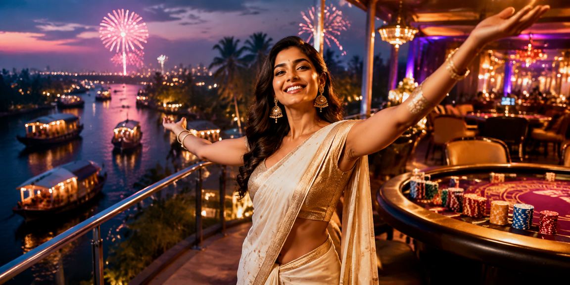 Entertainment casino scene on Kerala backwaters showing vibrant lights and festive atmosphere
